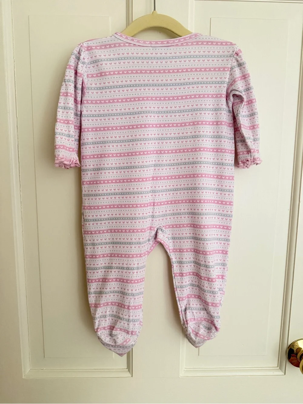 Kissy Kissy Pink & White Heart Stripe Ruffled Footie Onesie